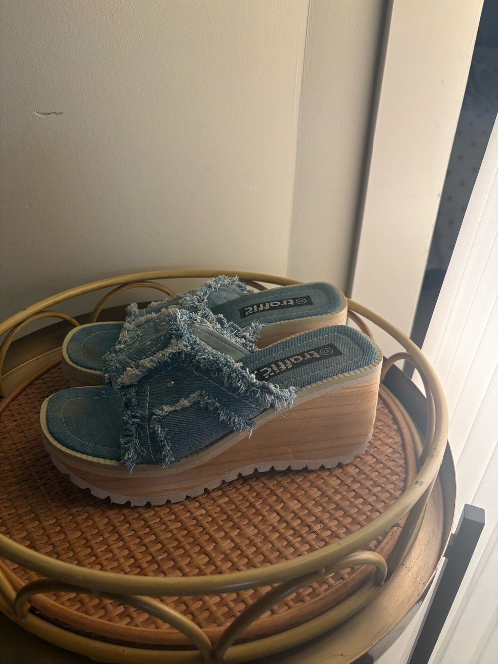 Size 6 Frayed Denim Platform Wedge Sandals - Blue
